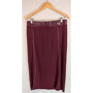 Marc New York Andrew Marc Maroon Pleated Midi Skirt Faux Leather Trim Medium